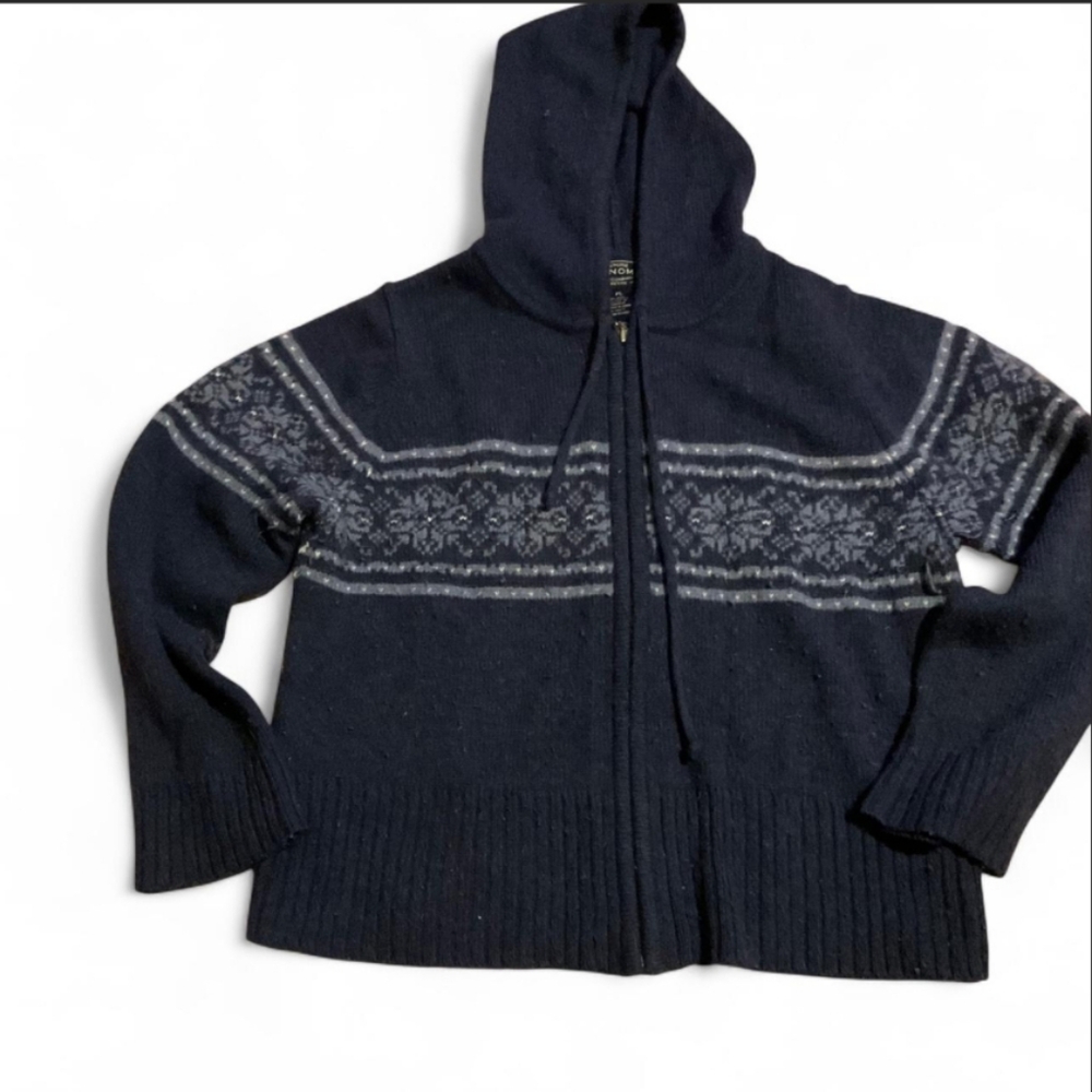 Wool Fair Isle  Hooded Cardigan with Gray‎ Pattern